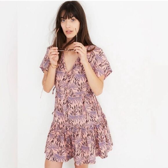 Madewell Womens Small Pink Oasis Palms Floral Tiered Button Dress Cotton Lyocell - Picture 12 of 12